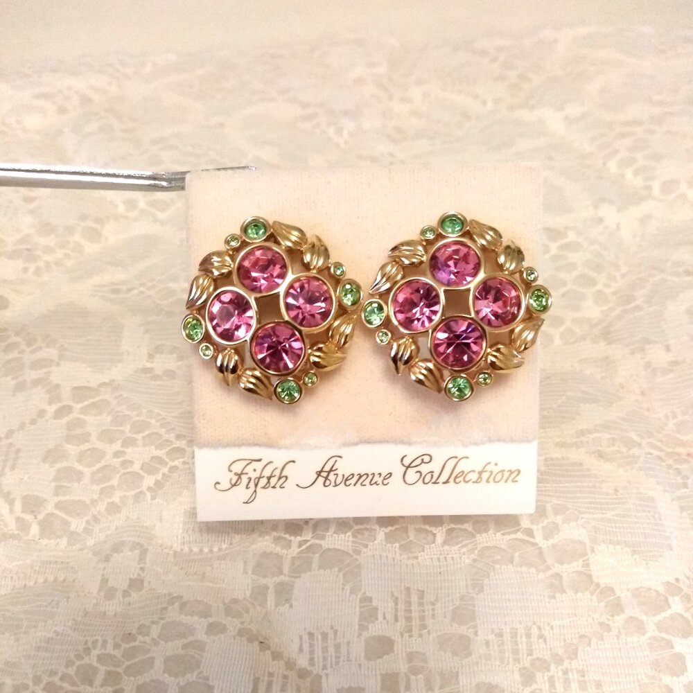 Vintage Pink & Green Crystal Gold Tone Earrings Non-Pierced Clip Earrings - Picture 4 of 11